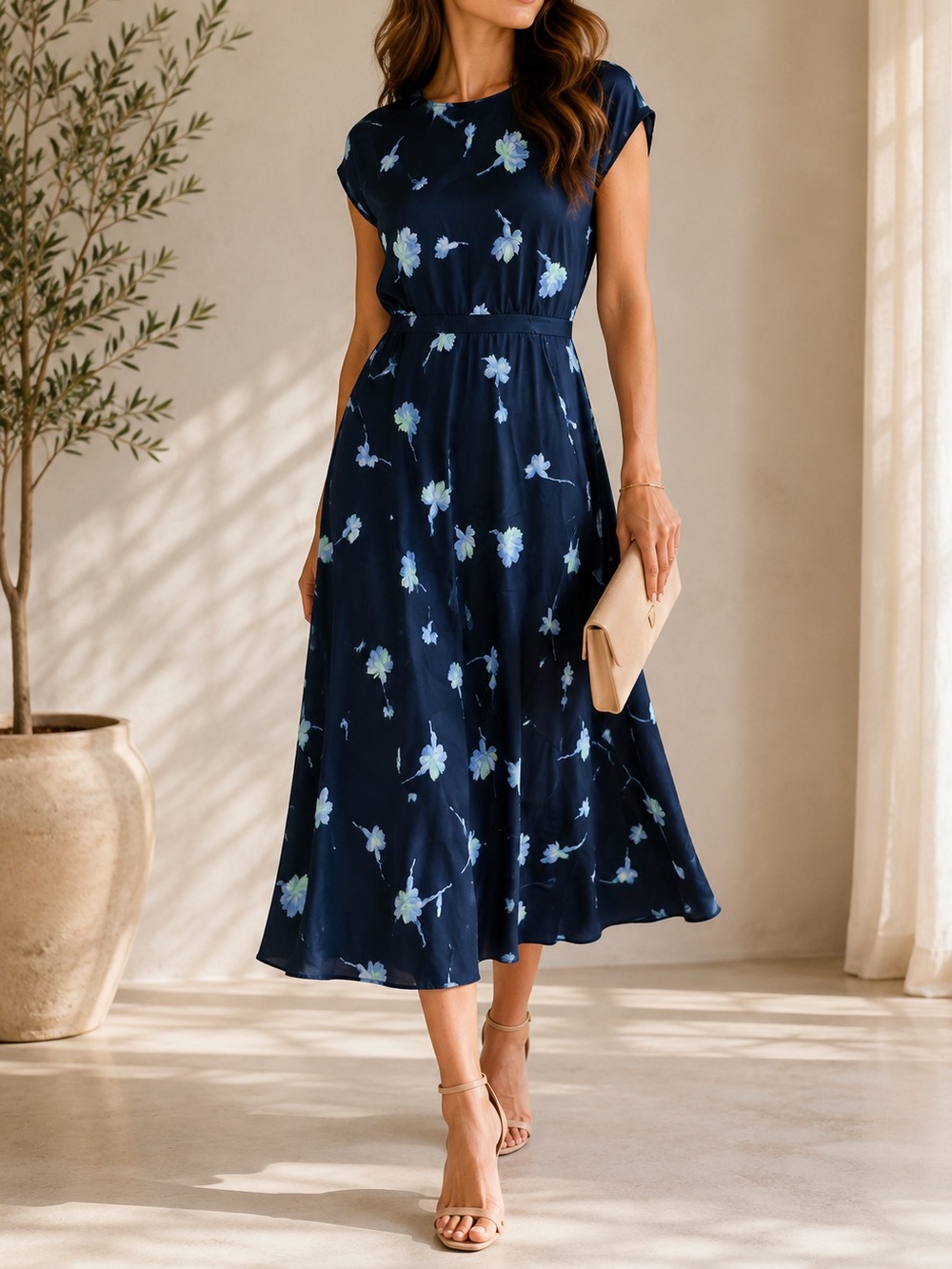 Vince Floral Navy Blue Floral Print Midi Dress